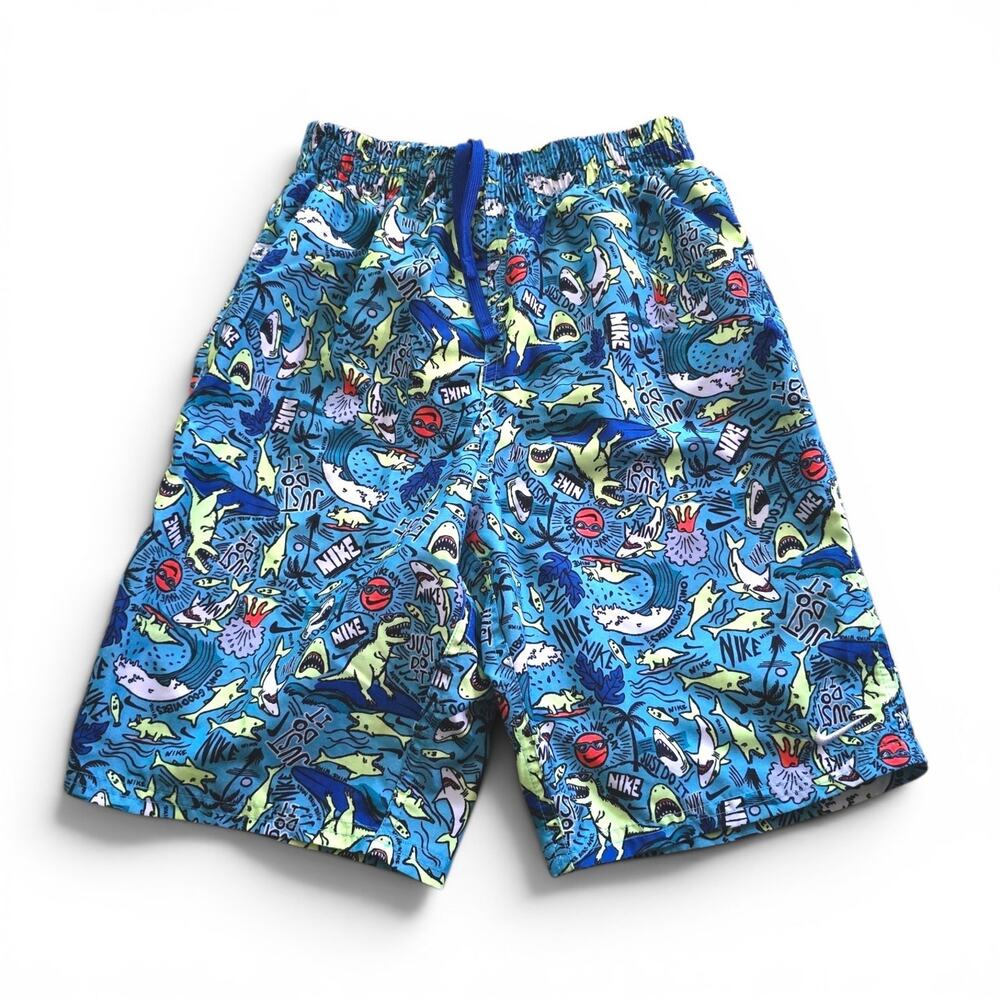 Nike Shark Party Volley Swim Trunks Boys SZ L Shark Dino Waves Surf Shorts